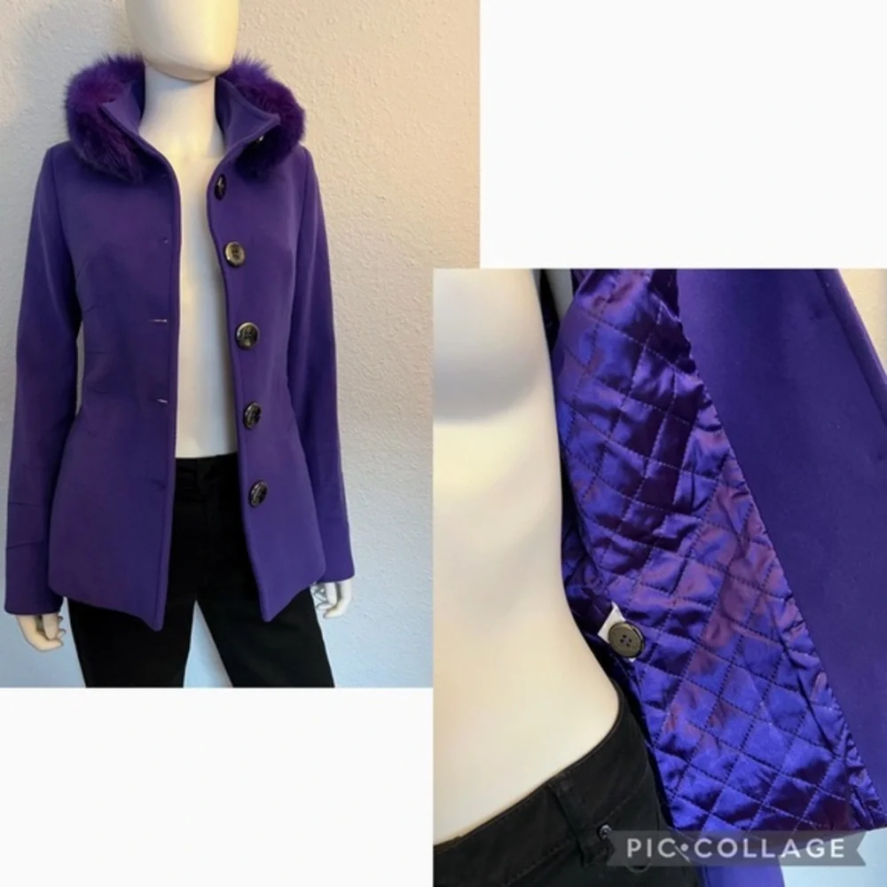 NWT WOMEN SHORT COAT  DYED REAL‎ FUR COLLAR WOOL LINED SINLE-BREASTED JACKET